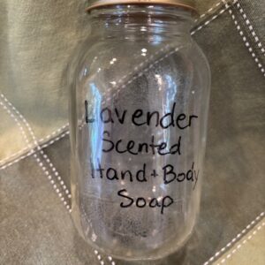 A one litre mason jar of Lavender scented hand & body soap.
